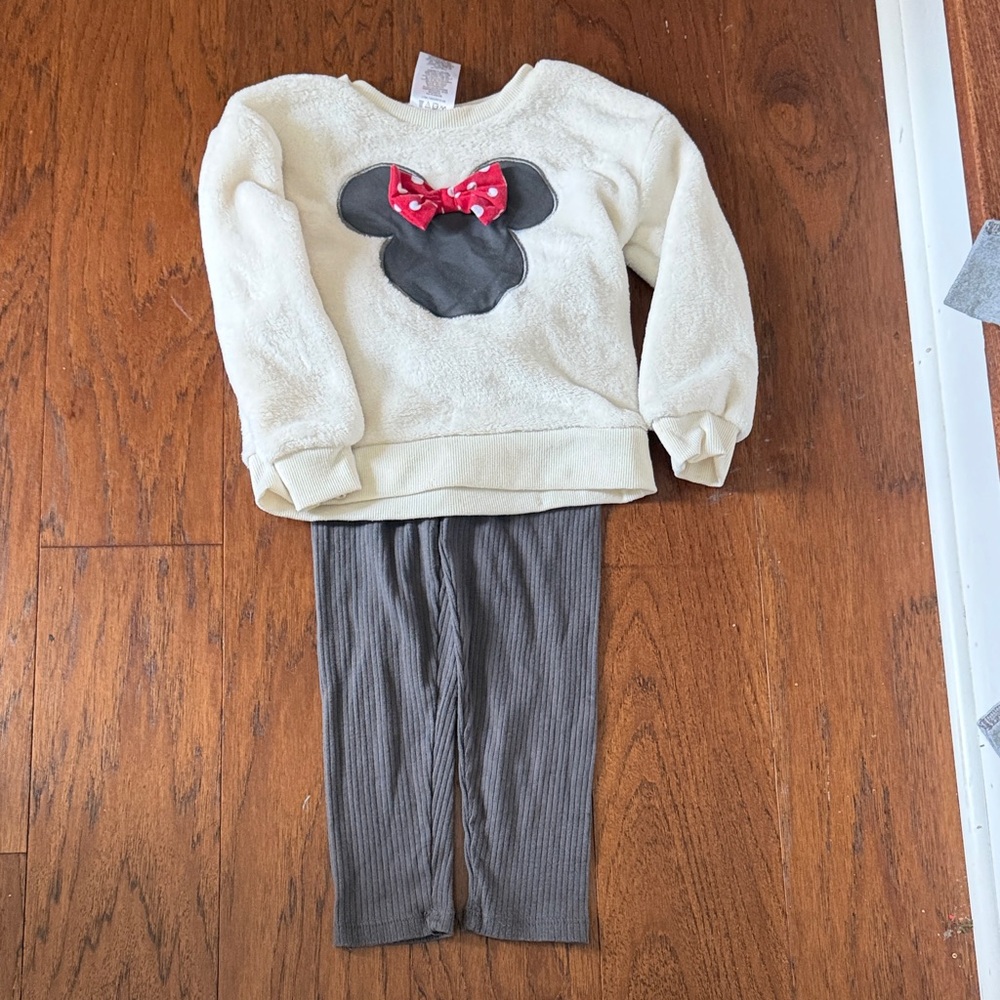 Cream Sweater with Minnie Mouse Design and Gray Pants